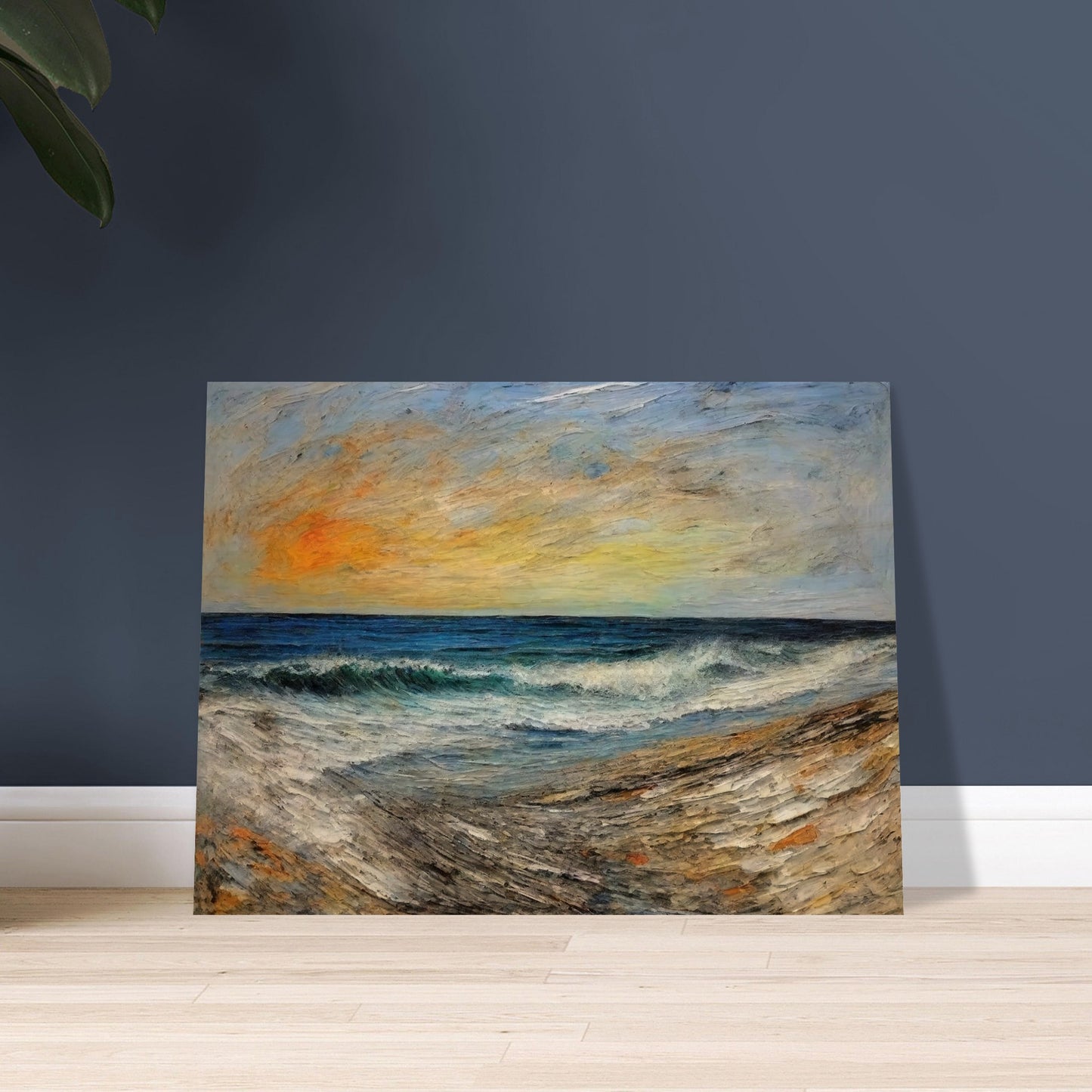 A painting of a serene shoreline at sunset with gentle waves, vibrant orange and yellow sky, and textured sand.