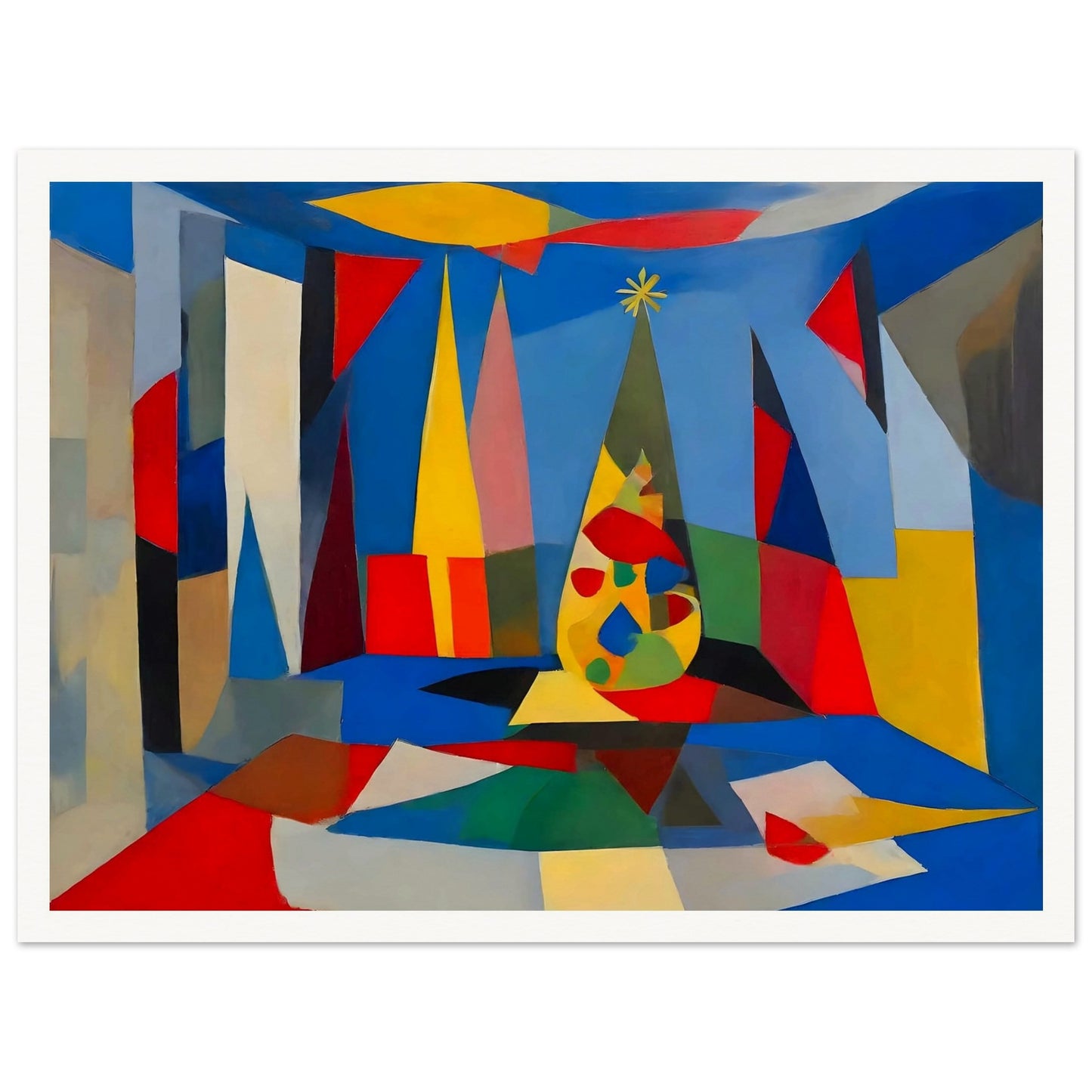 An abstract composition featuring geometric shapes and vibrant colors framing a stylized Christmas tree, creating a modern holiday scene.