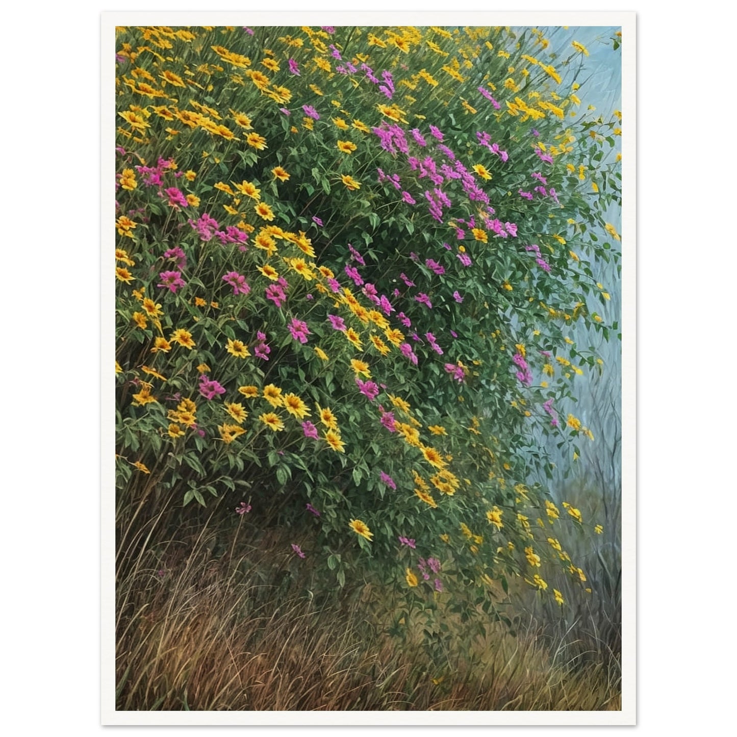 A vibrant painting of yellow and pink wildflowers cascading over a hillside with lush green foliage and tall grass.