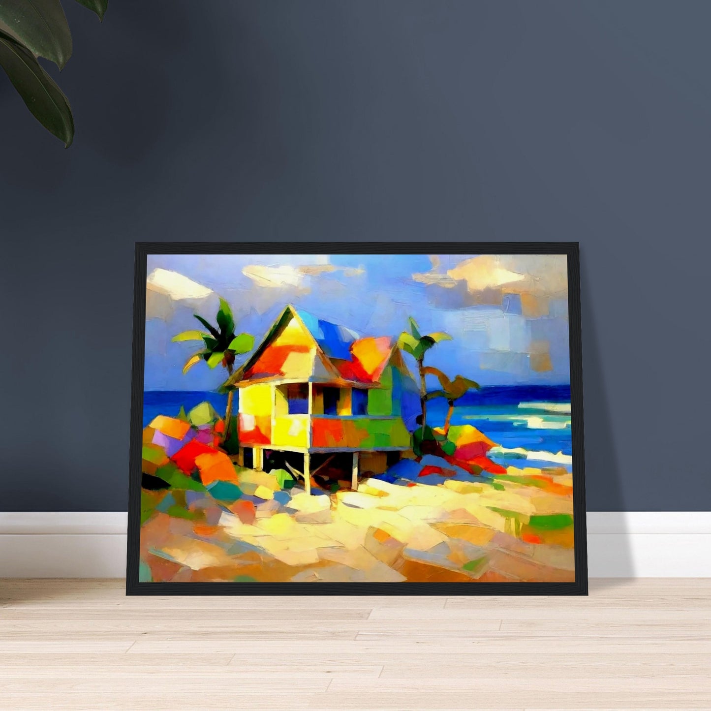 A colorful and lively painting of a beach house with bright blocks of color, set against a backdrop of palm trees and the ocean on a sunny day.