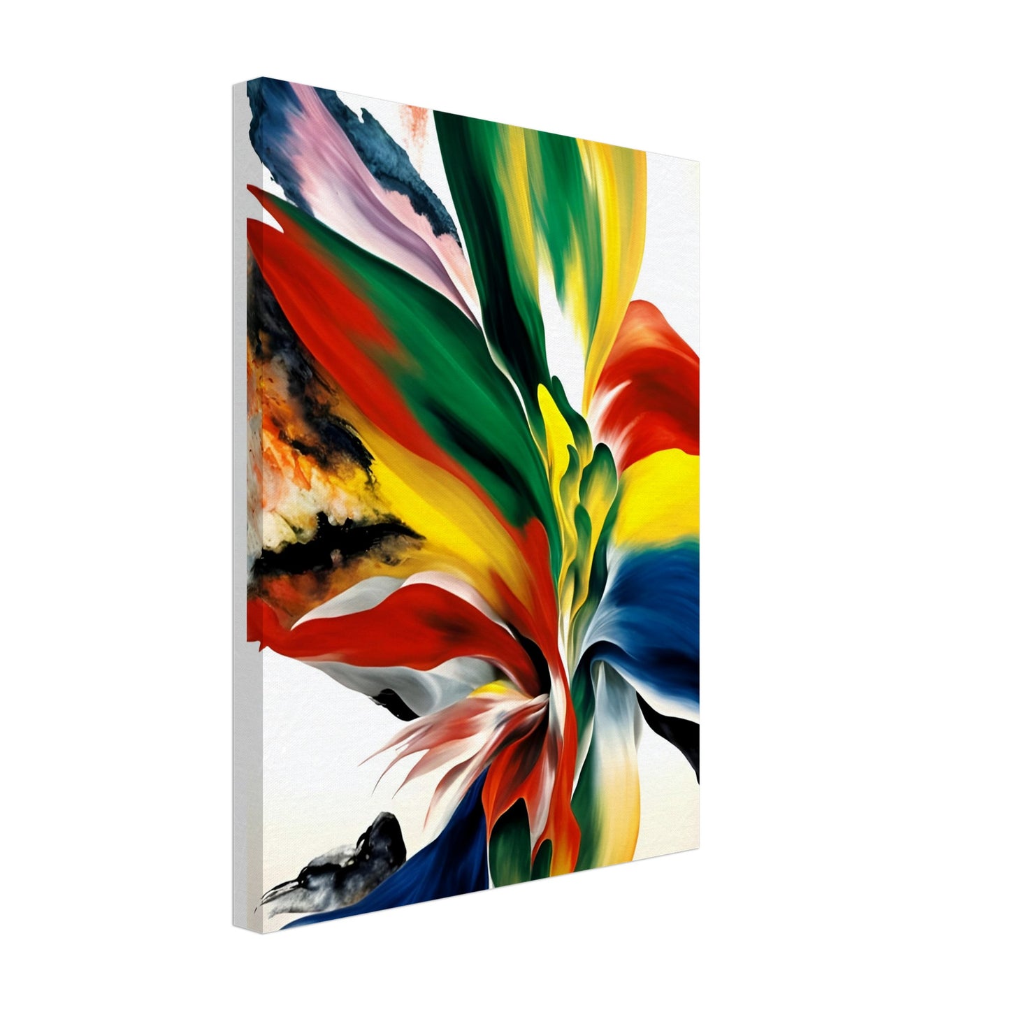 A dynamic explosion of vivid reds, yellows, blues, and greens blending in fluid motion, resembling an ethereal floral bloom or flame.