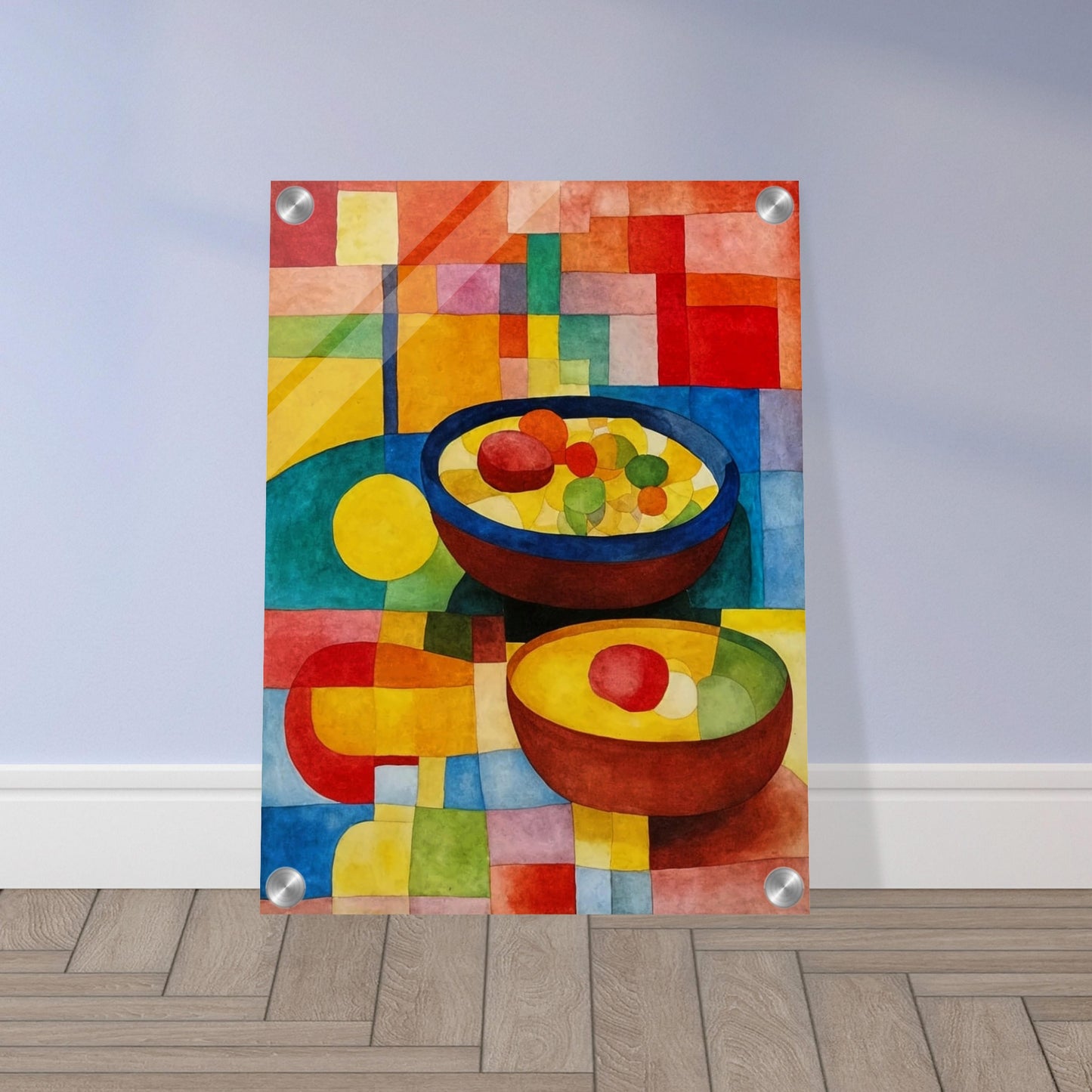 Brightly colored bowls filled with vibrant fruits rest on a multicolored geometric surface, surrounded by warm and cool hues in a mosaic style.