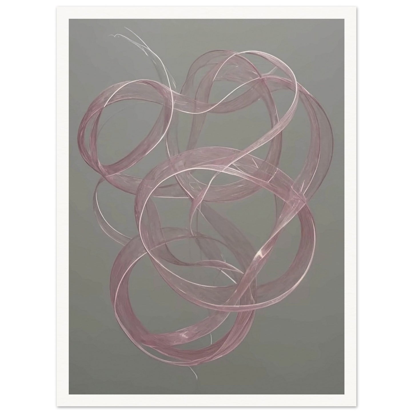 Delicate pink loops float gracefully against a muted gray background, creating a sense of movement and elegance in a tranquil space.