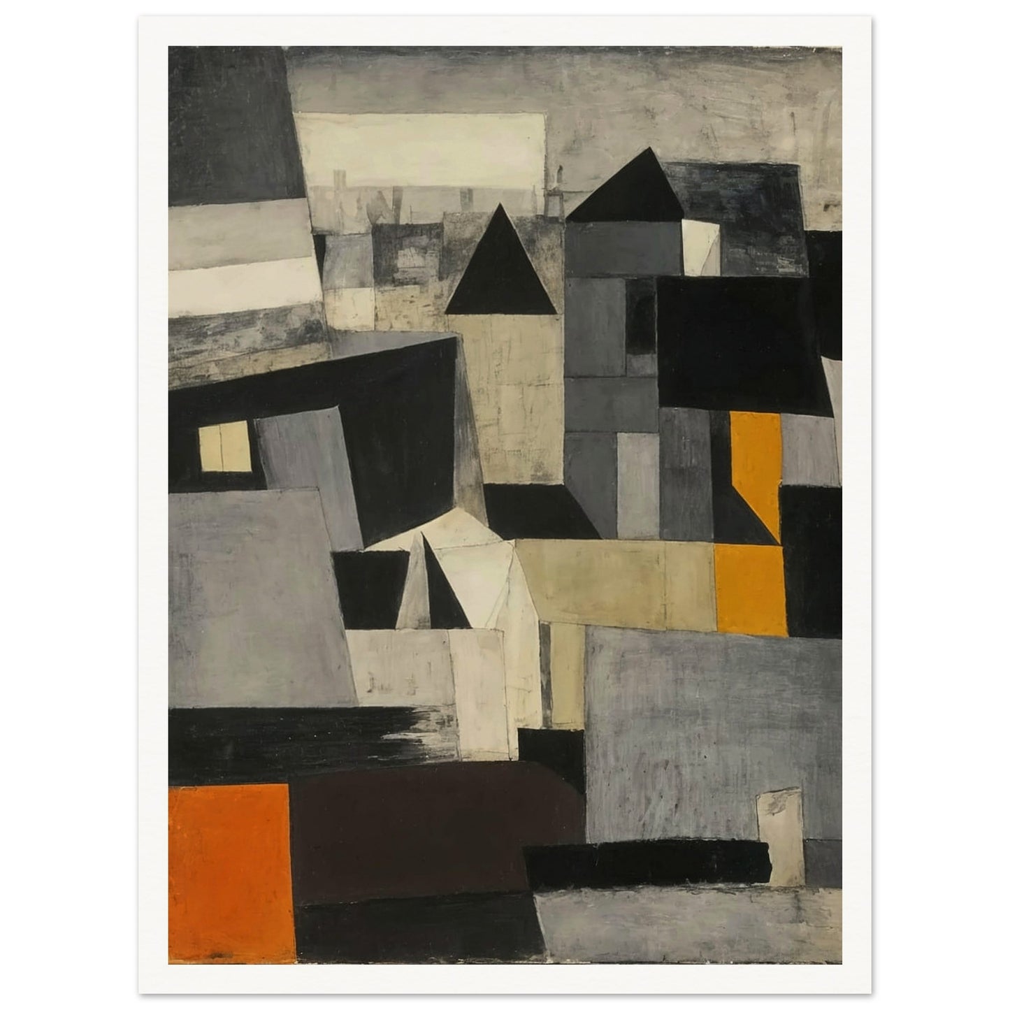 A dynamic composition of fragmented cityscape elements in shades of gray, black, and orange, creating an intriguing visual narrative.