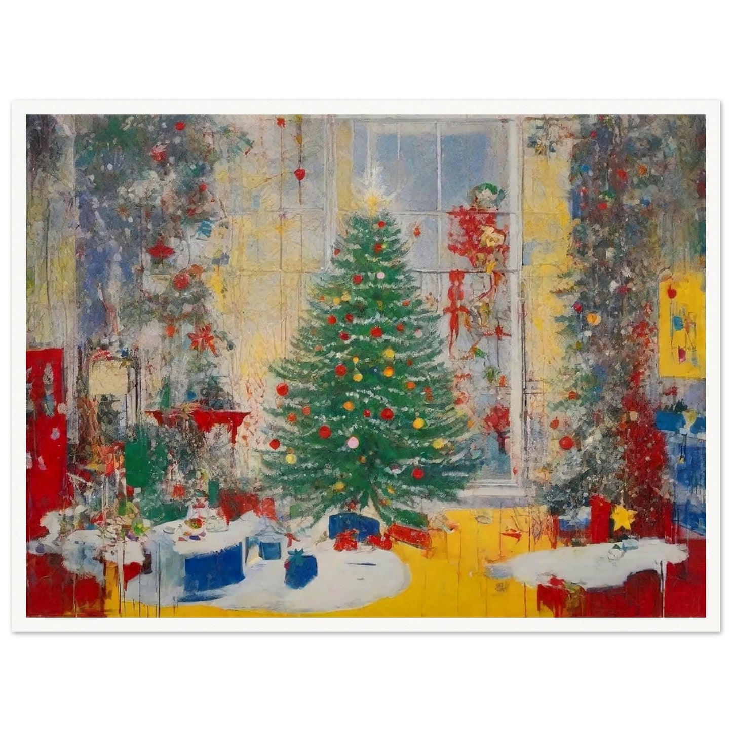 A vibrant painting of a festive living room with a beautifully decorated Christmas tree, glowing lights, and wrapped presents by a large window.