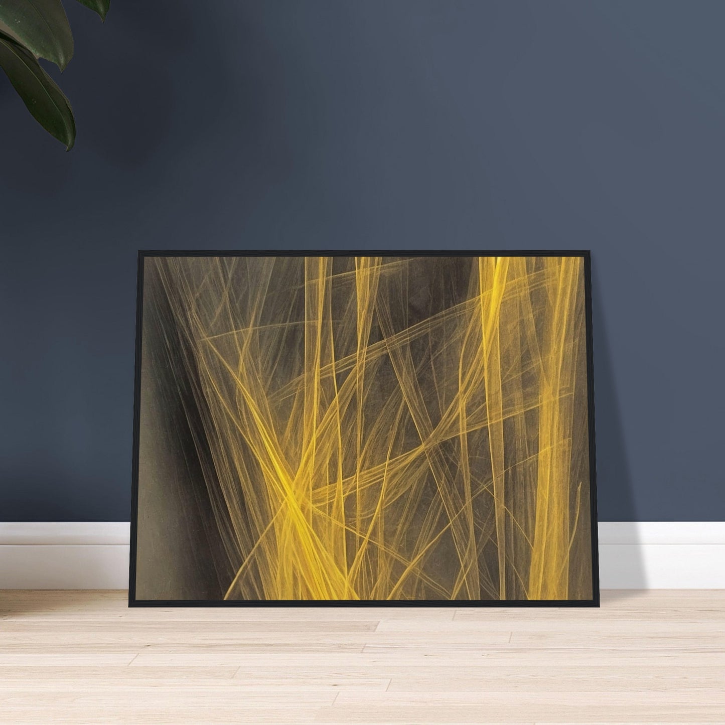 "A striking abstract artwork featuring golden yellow lines interwoven against a dark background, creating an energetic and dynamic visual flow."