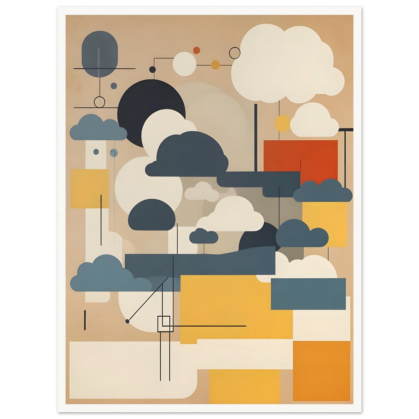 An abstract geometric artwork featuring stylized cloud shapes in white, gray, and blue, with rectangular blocks in yellow, beige, and red on a muted tan background.