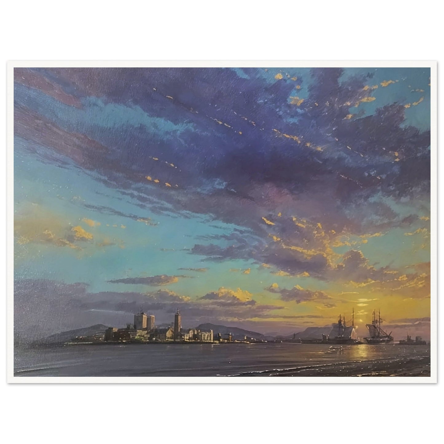 A stunning painting of a harbor at sunset, with ships anchored and a vibrant sky filled with hues of blue, purple, and orange.