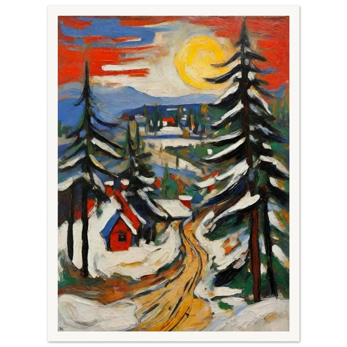 "A vibrant painting of a snow-covered village under a bright yellow sun, with tall pine trees and a winding golden path leading through the scene."