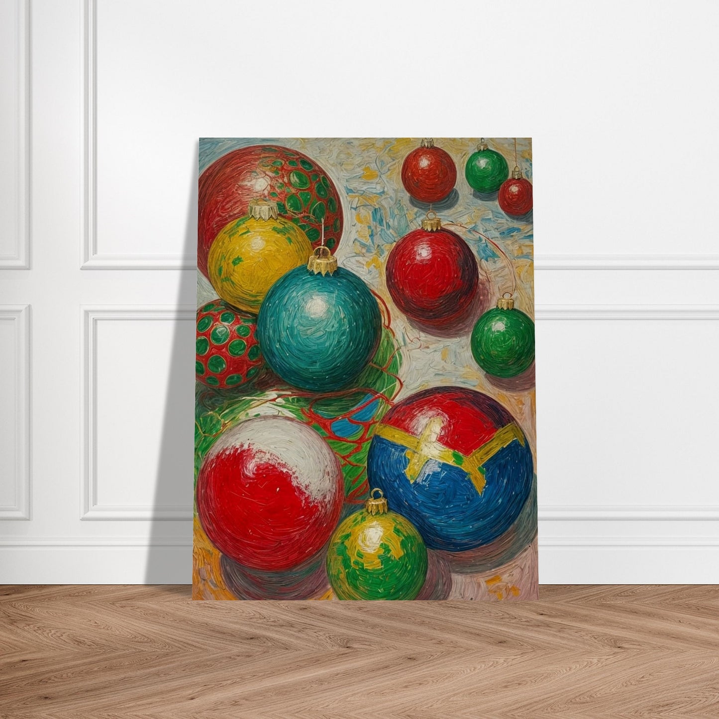 A collection of colorful Christmas ornaments in red, green, blue, and yellow, arranged in a playful and vibrant composition, evoking holiday cheer.