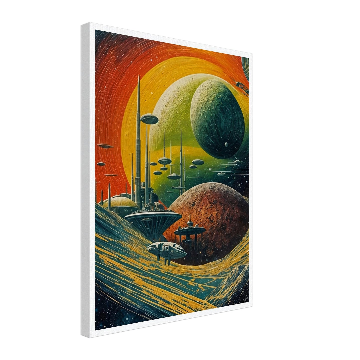 A vivid depiction of a futuristic planetary system with towering structures and spacecraft amidst swirling cosmic landscapes, evoking a sense of exploration and wonder.