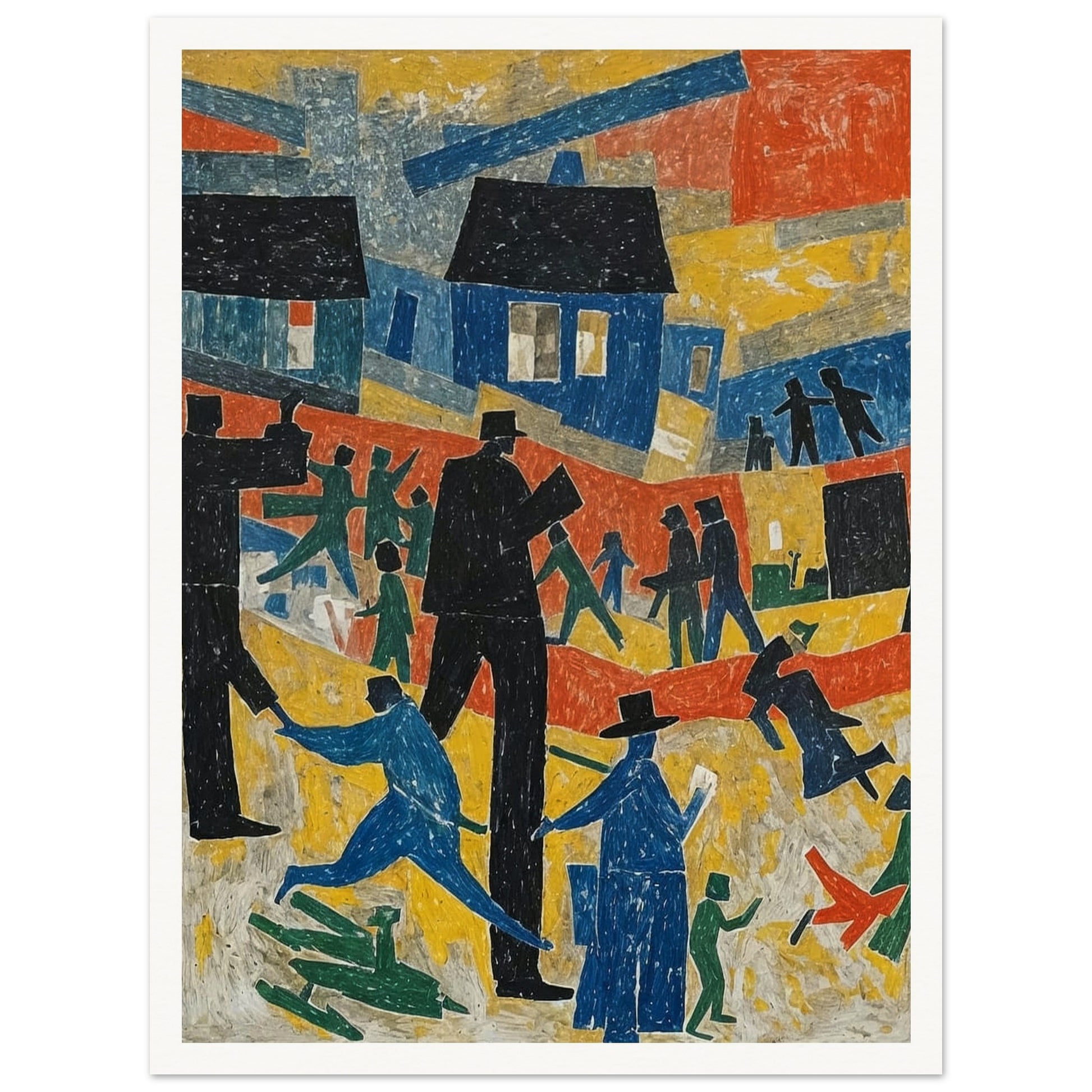 An abstract painting depicting a lively village scene with colorful houses and stylized figures in motion.