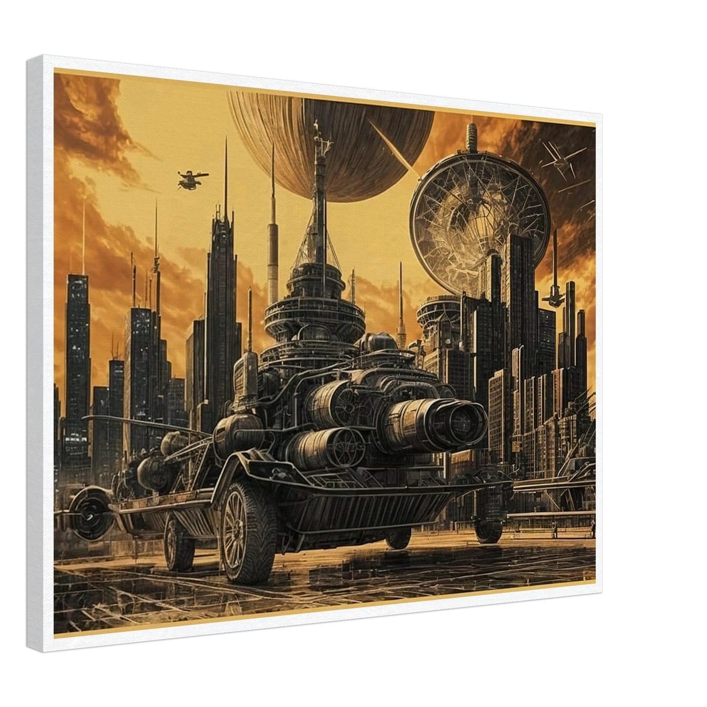 A massive futuristic machine rolls through a towering, industrial city under a golden sky, surrounded by advanced technology and spacecraft.