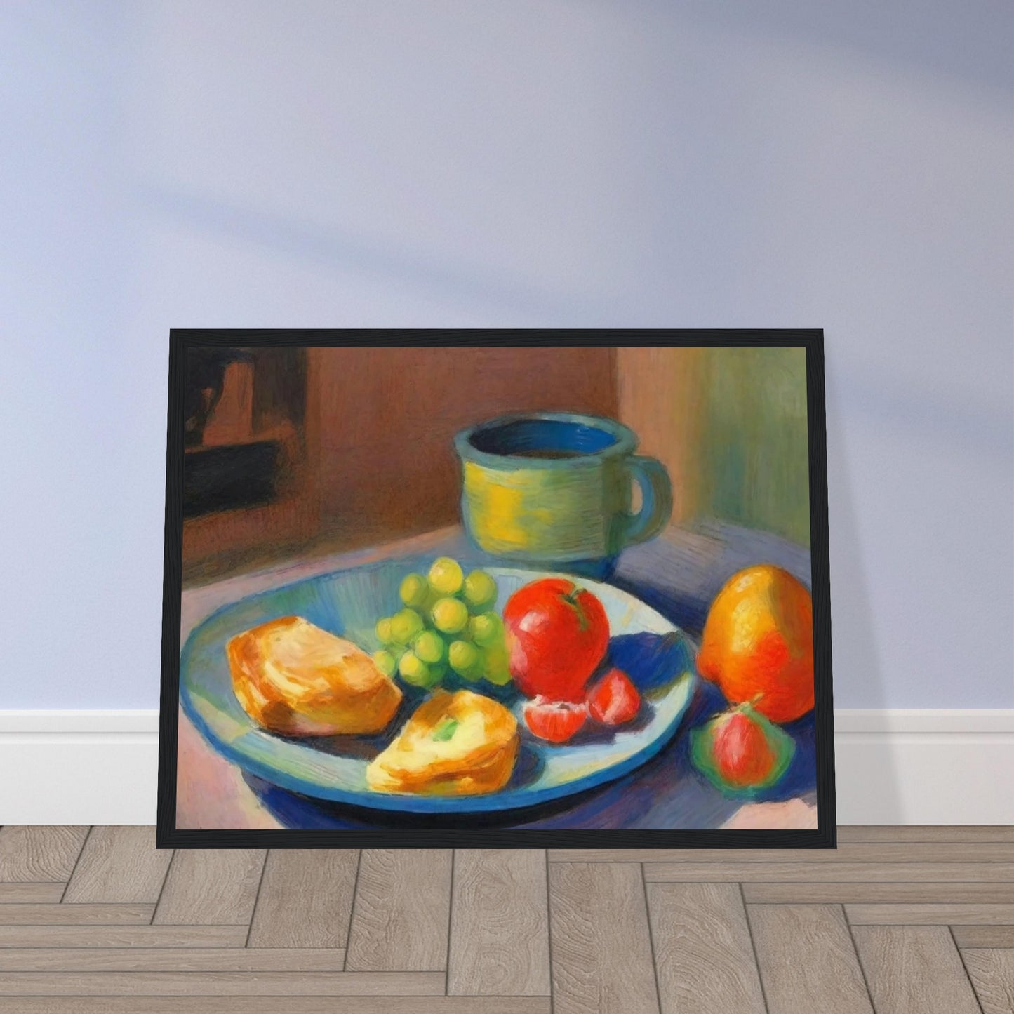 A still life painting featuring a breakfast plate with grapes, bread, and fruit beside a ceramic mug, bathed in soft morning light.