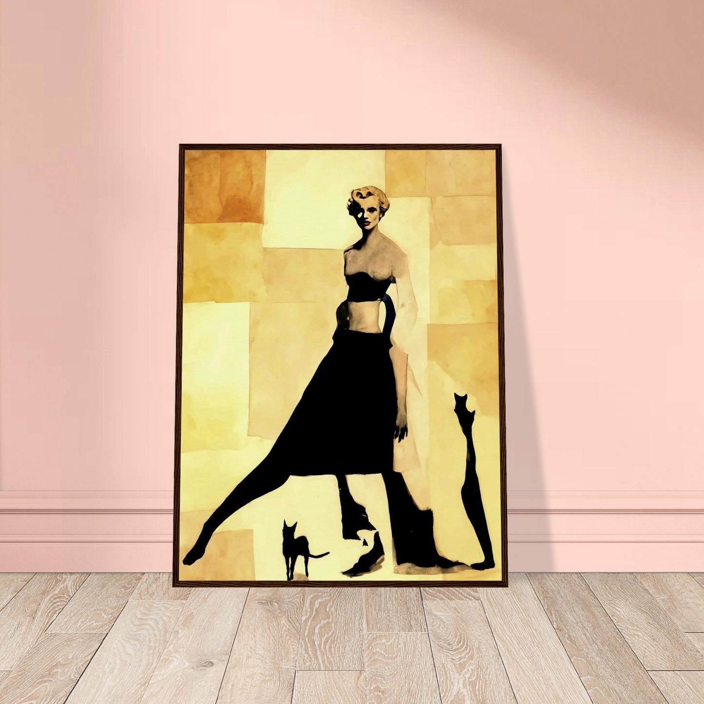 "An abstract, minimalist painting of a stylish woman in black silhouette, accompanied by shadowy figures of two cats against a beige background."