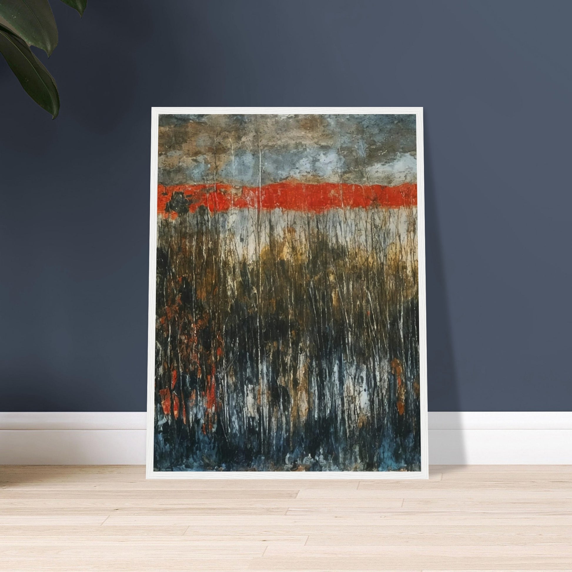 A captivating landscape with a vivid red horizon, contrasted by dark, misty foliage in the foreground, evoking a sense of mystery and drama.