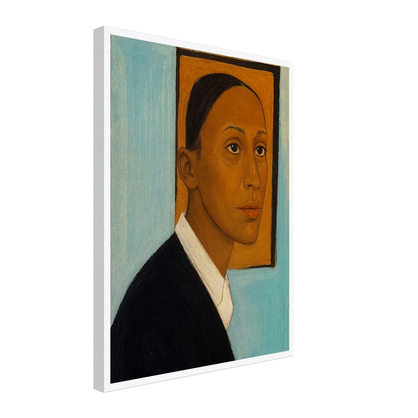 Stylized painting of a person in profile wearing a black jacket and white shirt against a light blue background with an orange frame behind the head.