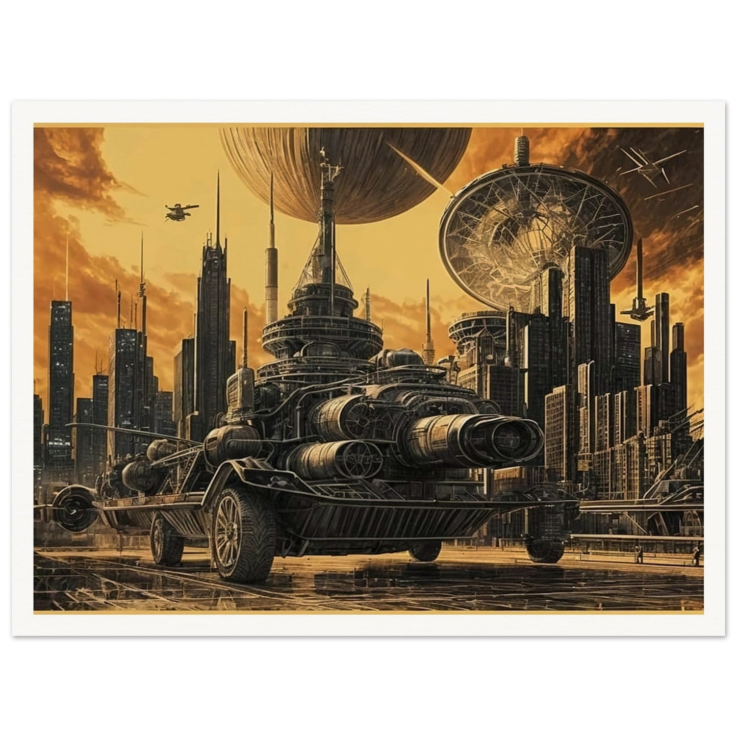 A massive futuristic machine rolls through a towering, industrial city under a golden sky, surrounded by advanced technology and spacecraft.