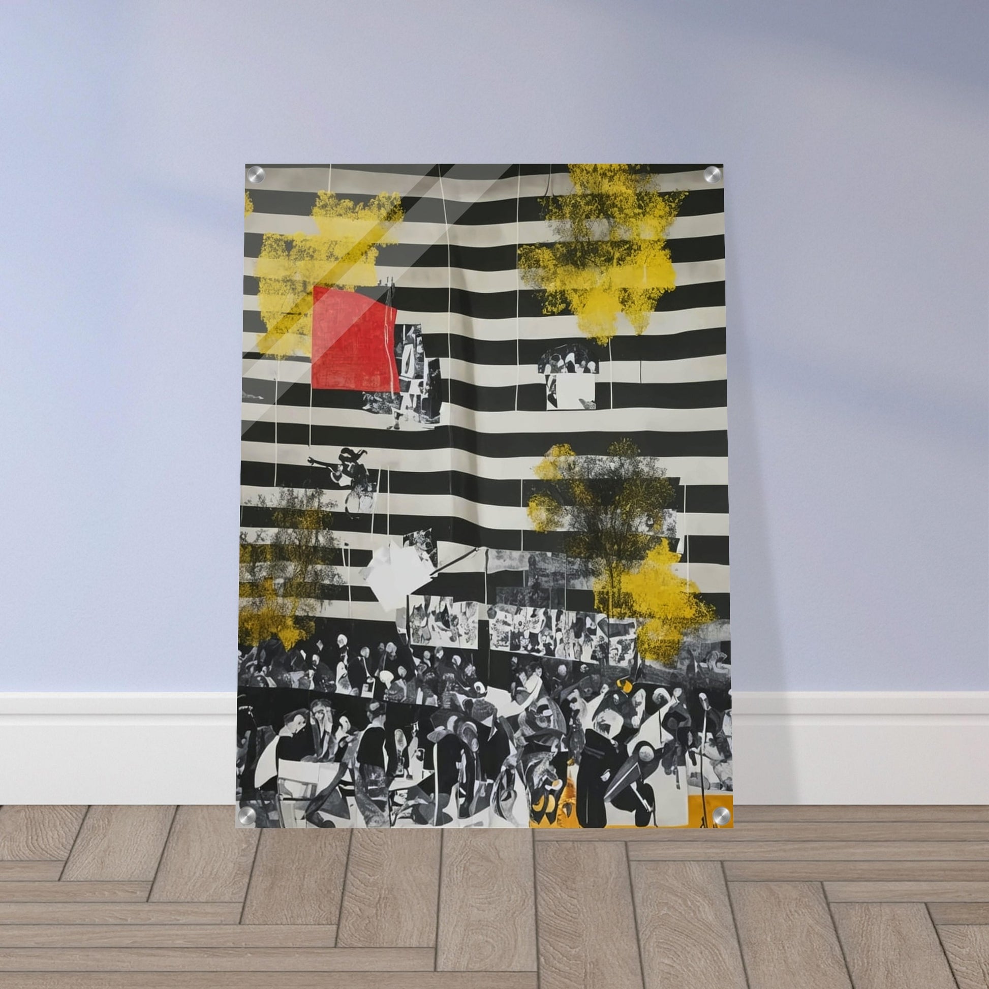 An abstract painting with black and white stripes, overlaid with yellow splashes and historical photographs.
