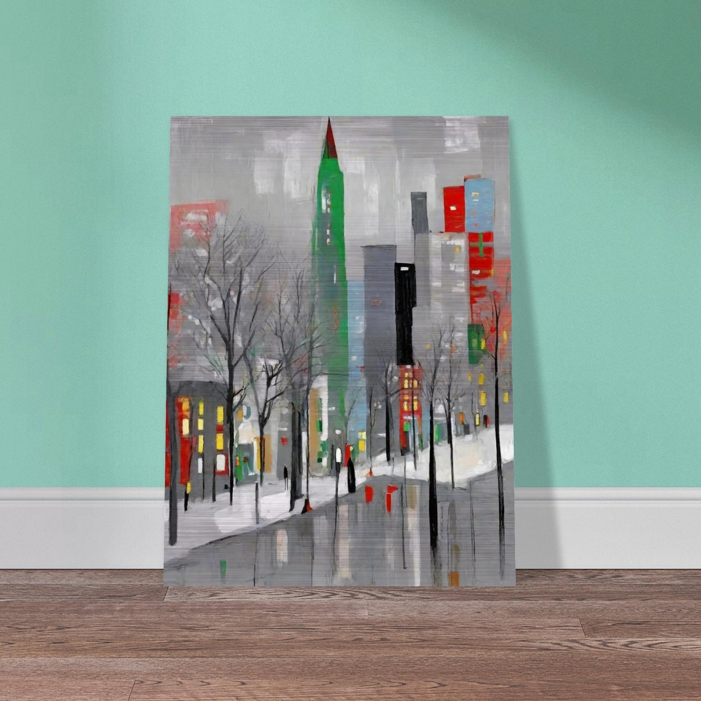 A modern winter cityscape featuring tall buildings in muted tones with pops of red and green, leafless trees, and snow-covered streets.