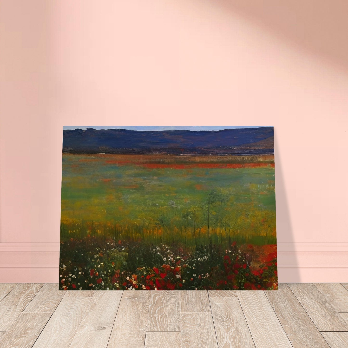 A tranquil painting depicting an expansive meadow filled with wildflowers, set against distant blue mountains.