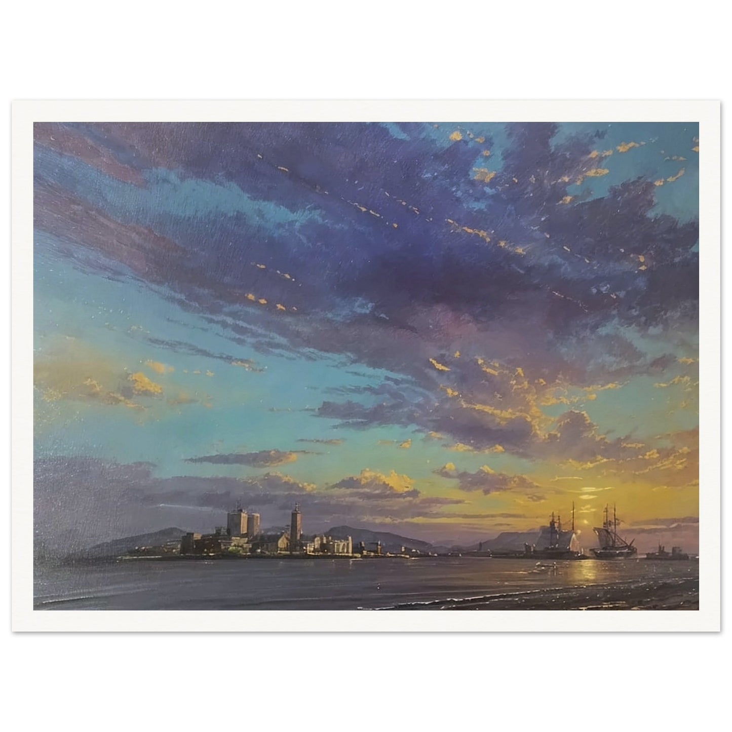 A stunning painting of a harbor at sunset, with ships anchored and a vibrant sky filled with hues of blue, purple, and orange.