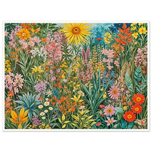 A lush field of wildflowers in full bloom, featuring vibrant yellows, pinks, reds, and greens under a bright sunlit sky.
