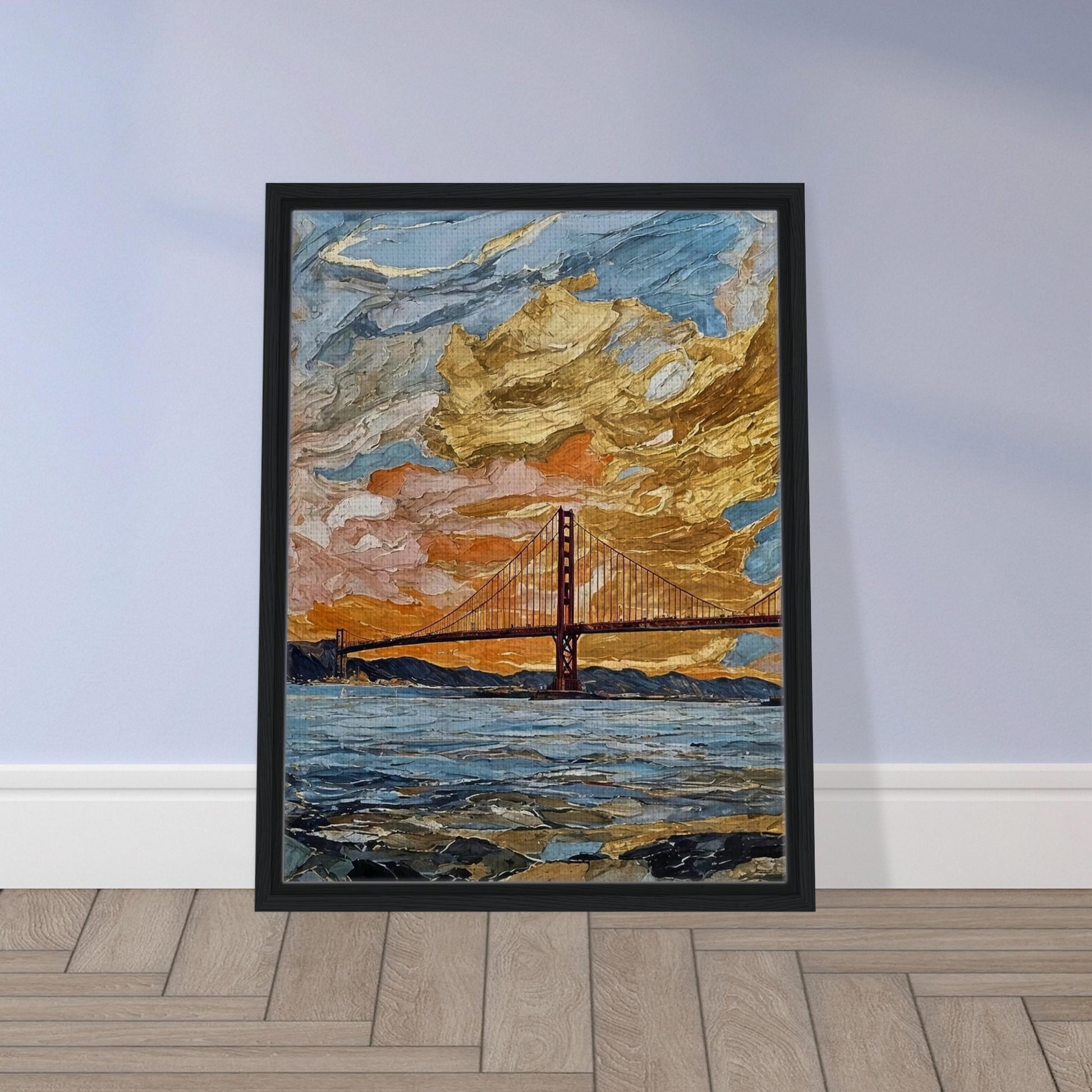 "A vibrant painting of a bridge at sunset, with dramatic golden clouds filling the sky and reflecting off the water below."
