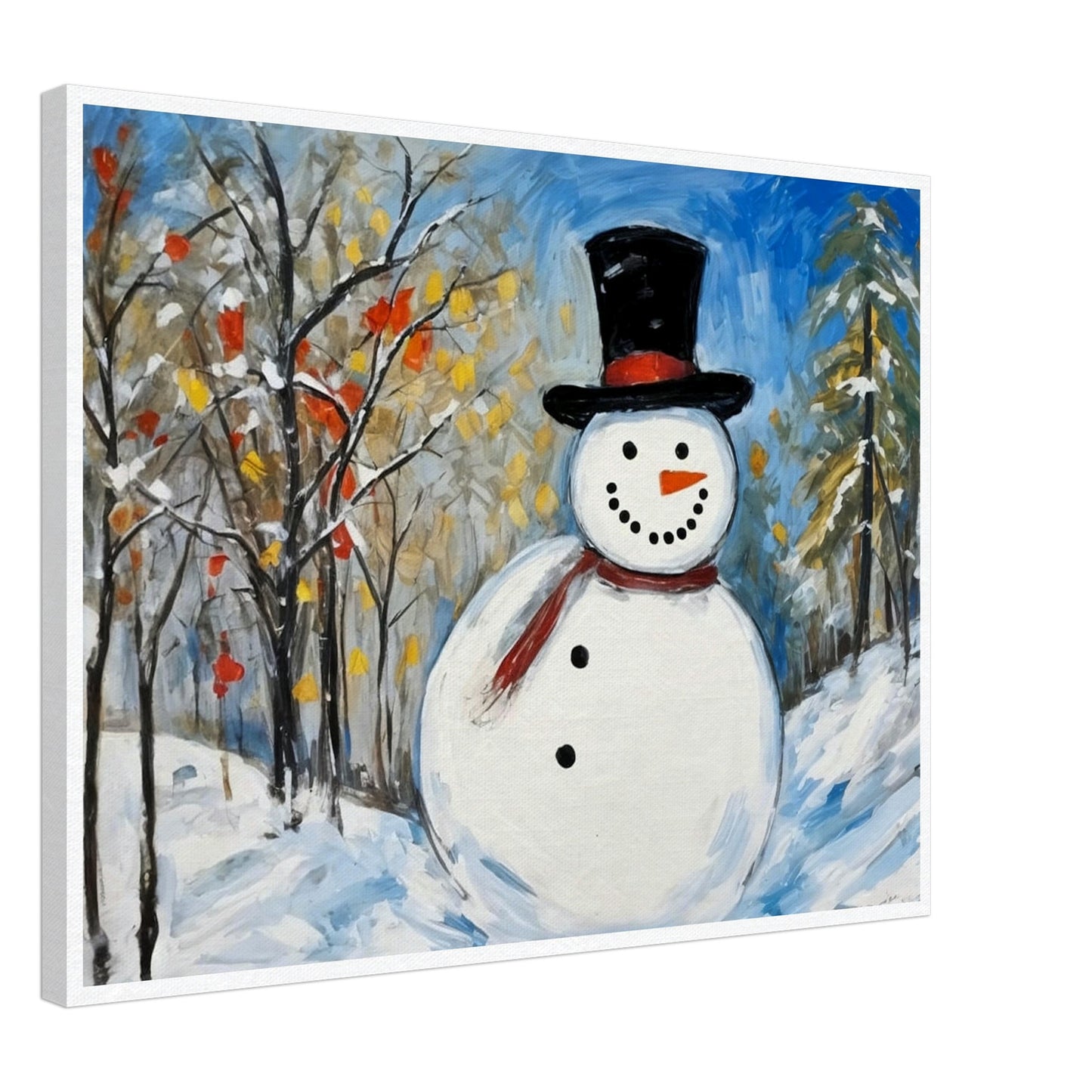 A cheerful snowman with a black top hat and red scarf stands in a snow-covered landscape, surrounded by snow-dusted trees with autumn leaves and a clear blue sky.