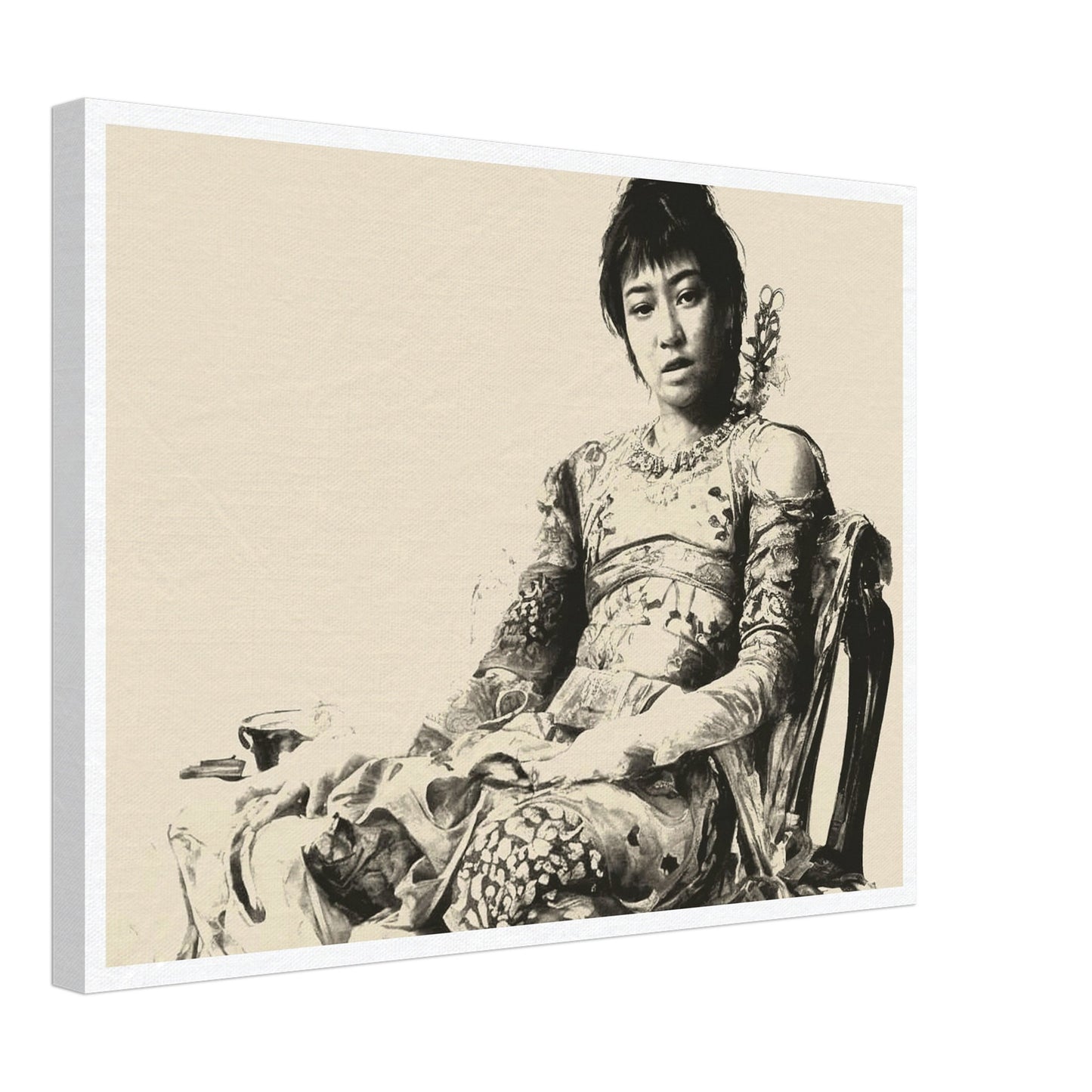 A vintage-style sepia portrait of a seated woman in ornate, intricate clothing, exuding calm grace and poise, captured with a soft, timeless aesthetic.