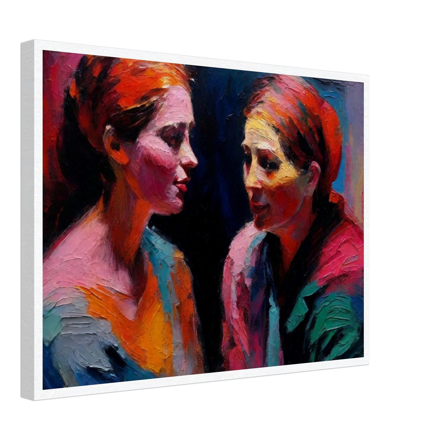 An expressive painting of two women engaged in a deep conversation, using bold and vibrant colors.