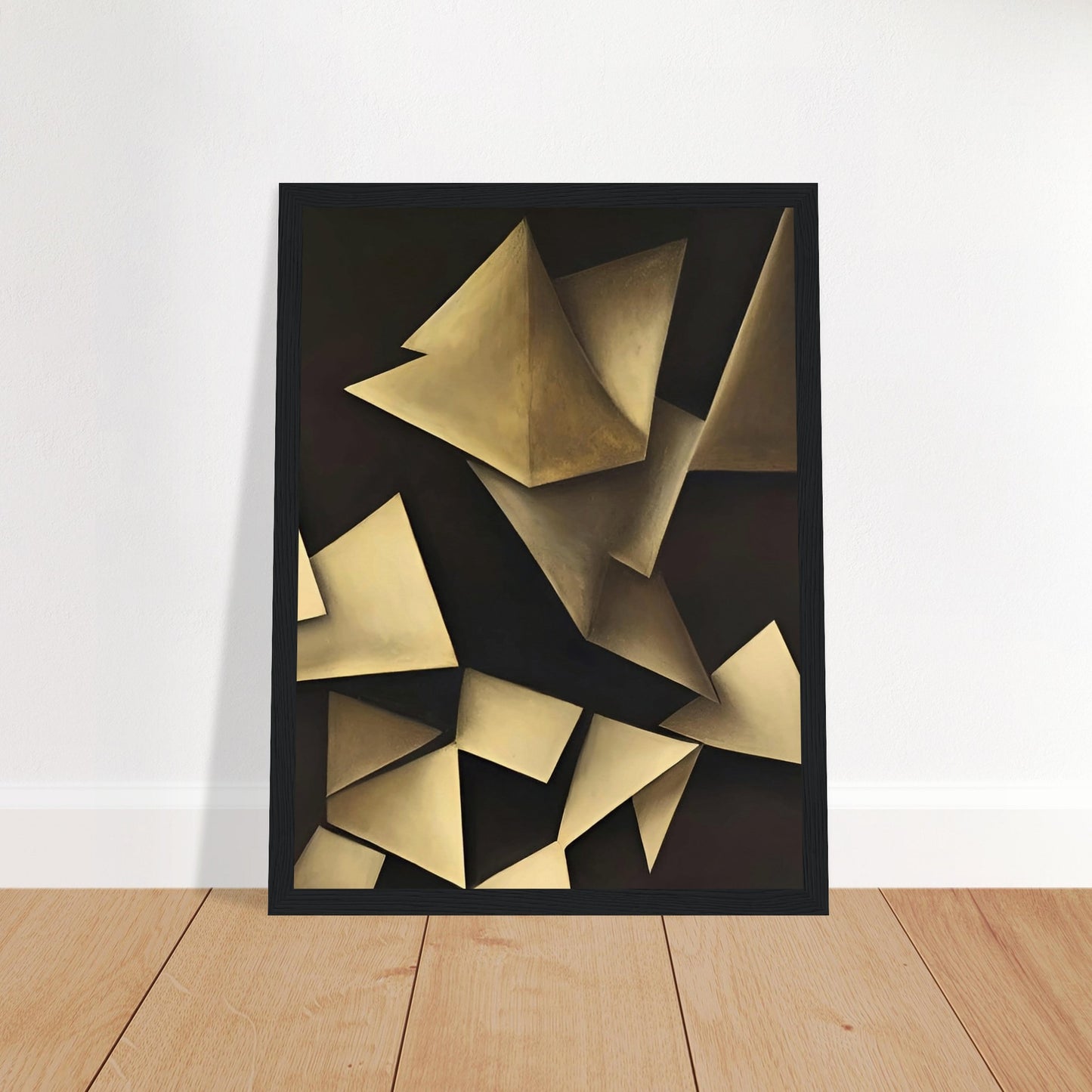 Abstract painting featuring geometric shapes in muted tones, creating a play of light and shadow.