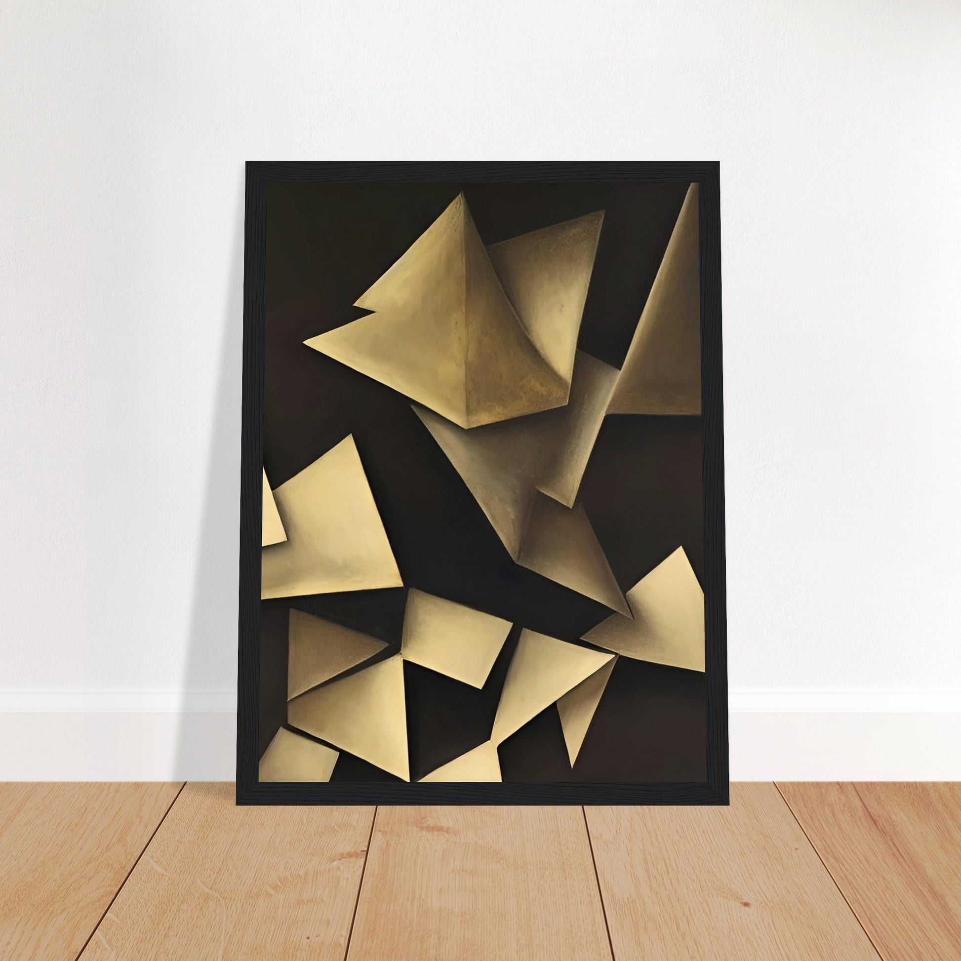 Abstract painting featuring geometric shapes in muted tones, creating a play of light and shadow.