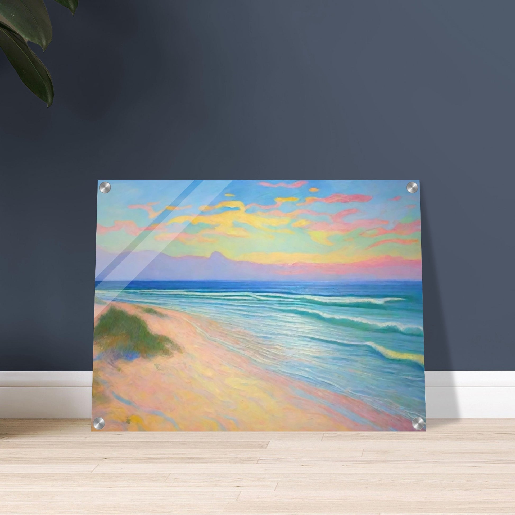 "A serene beach scene with pastel-colored clouds in the sky, gentle waves, and soft sandy shores, creating a peaceful atmosphere."