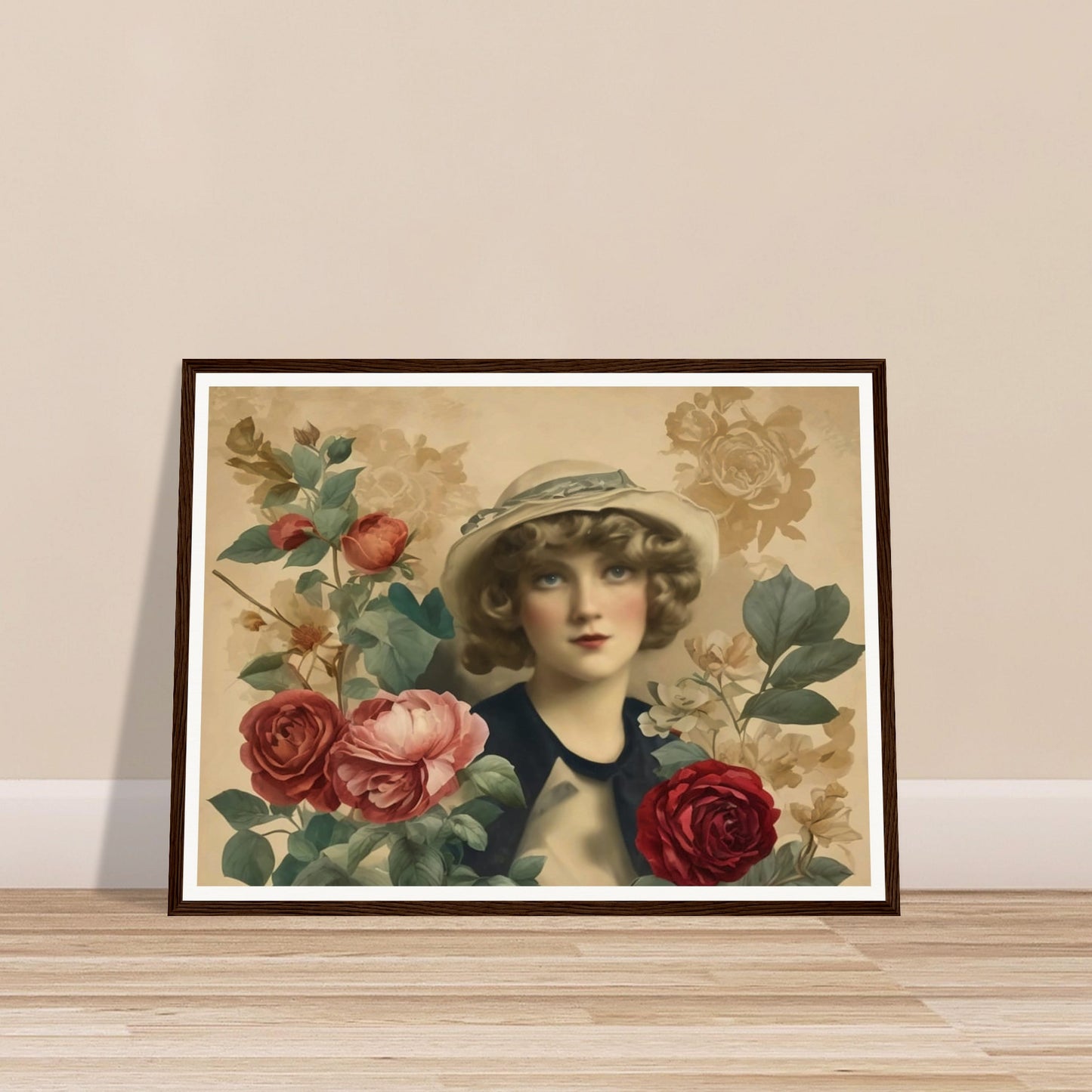 A vintage-style portrait of a woman in a hat, surrounded by blooming roses in soft, muted colors.