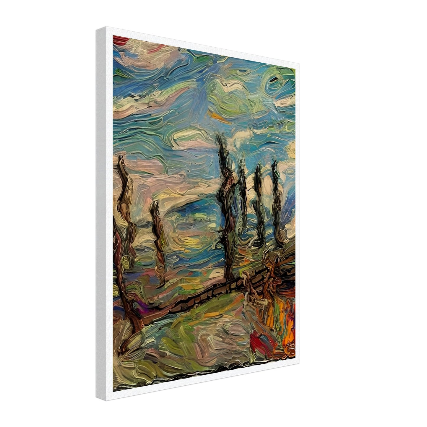 "An expressive and textured painting with swirling skies and windswept trees, full of dynamic brushstrokes in vibrant blues, greens, and earth tones."
