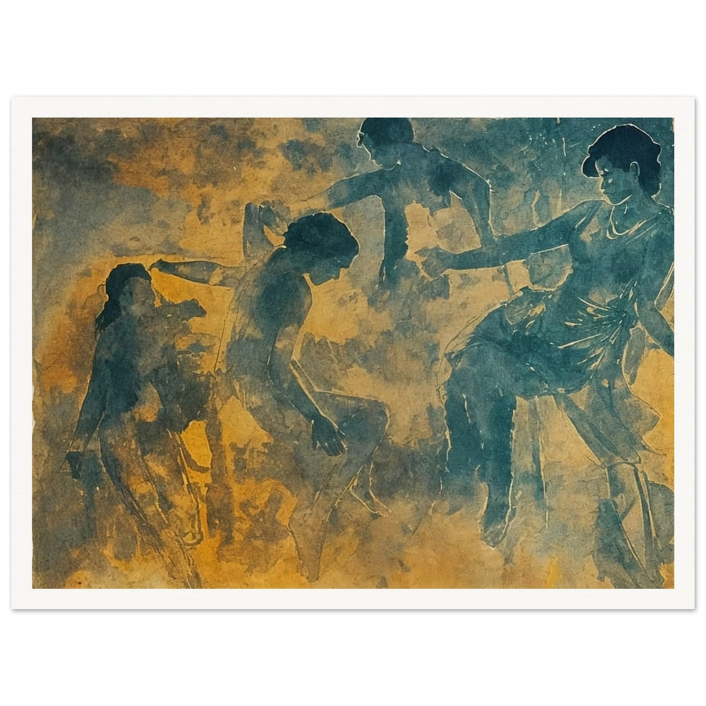 A serene artwork featuring ethereal figures in motion, rendered in soft hues of blue and gold. The dancers appear to be gracefully interacting with one another, evoking a sense of harmony and fluidity.