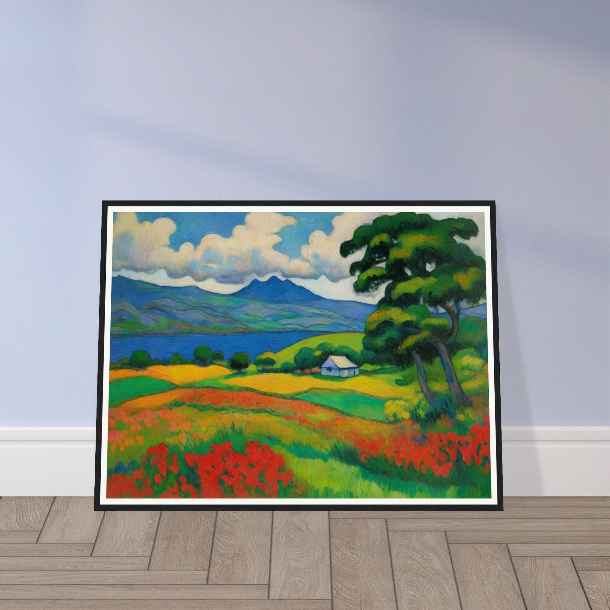 "A vibrant landscape painting featuring rolling hills, a calm lake, and colorful fields of red, yellow, and green, with a distant mountain."
