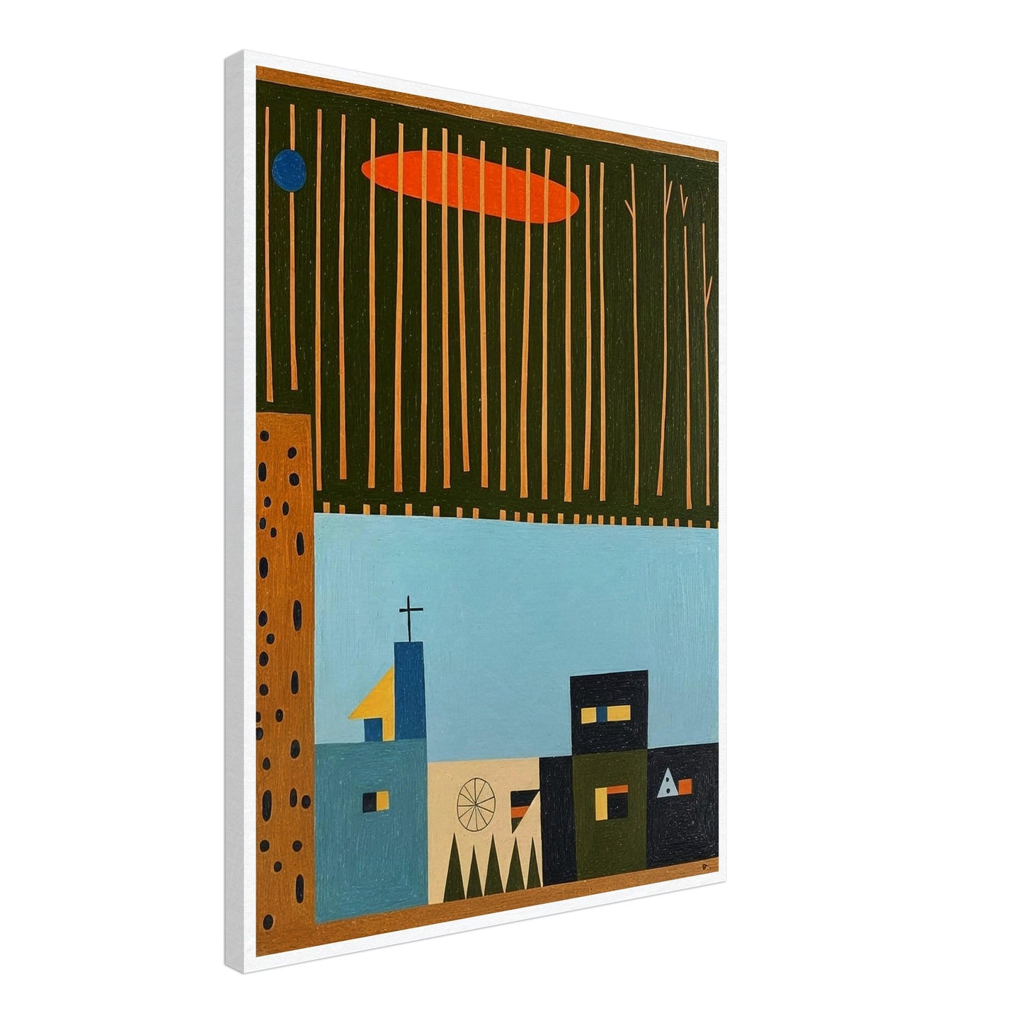 A minimalist portrayal of a small village beneath tall, thin trees and an orange cloud, capturing a tranquil, serene atmosphere.