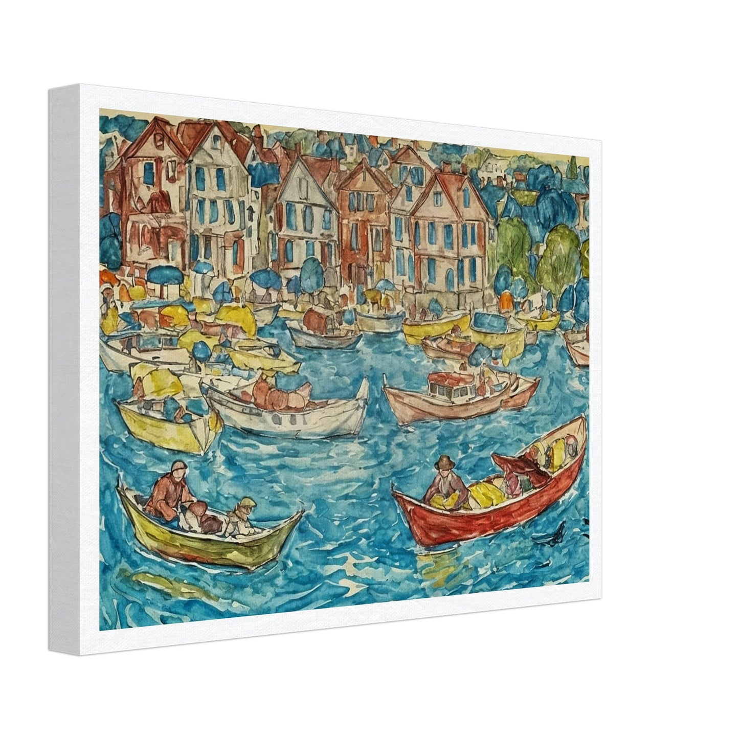 Colorful depiction of a lively harbor with boats and people on a sunny day, with charming houses lining the waterfront.
