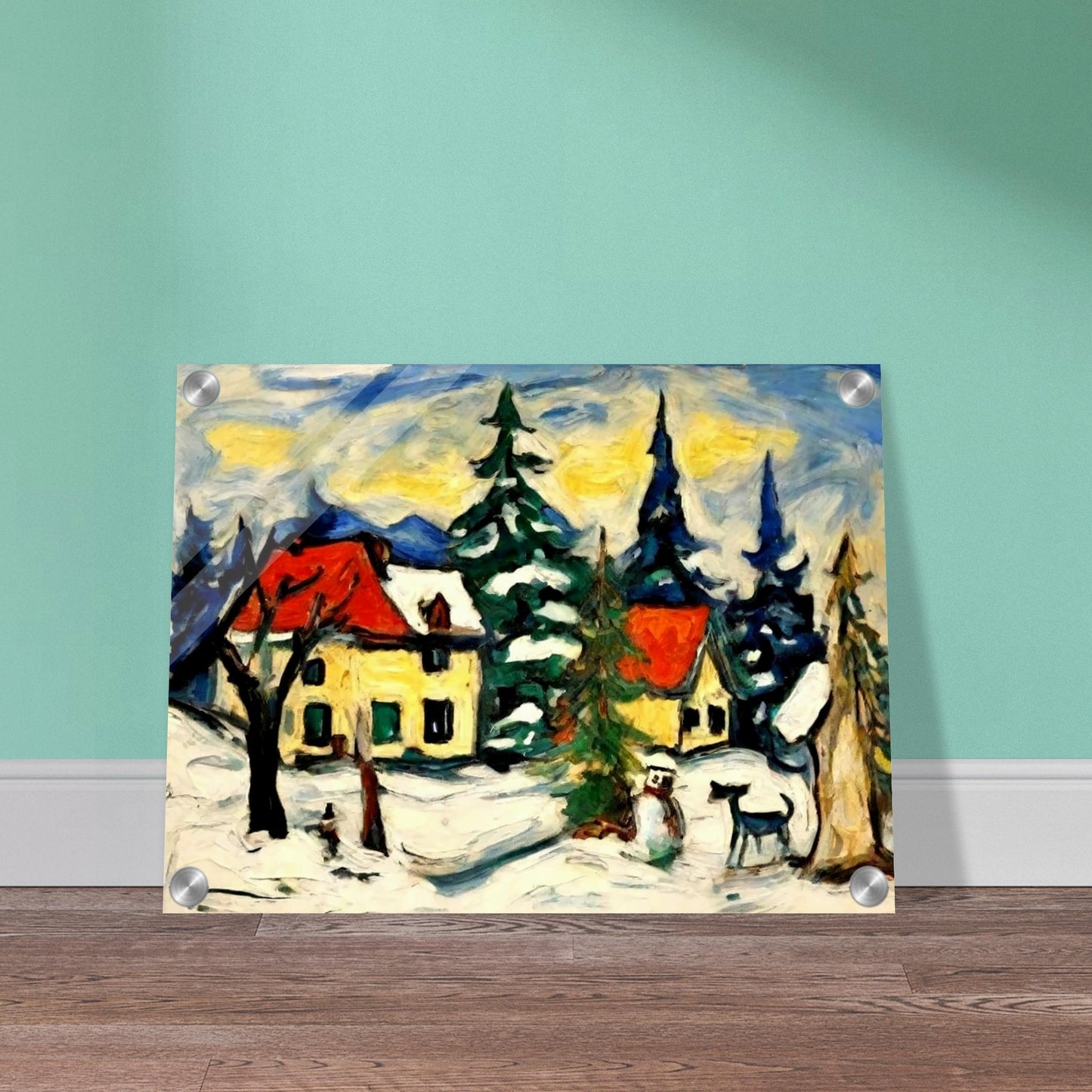 A picturesque village scene with snow-covered cabins, tall pine trees, and a snowman under a golden-yellow sky, capturing the peaceful charm of a winter landscape.