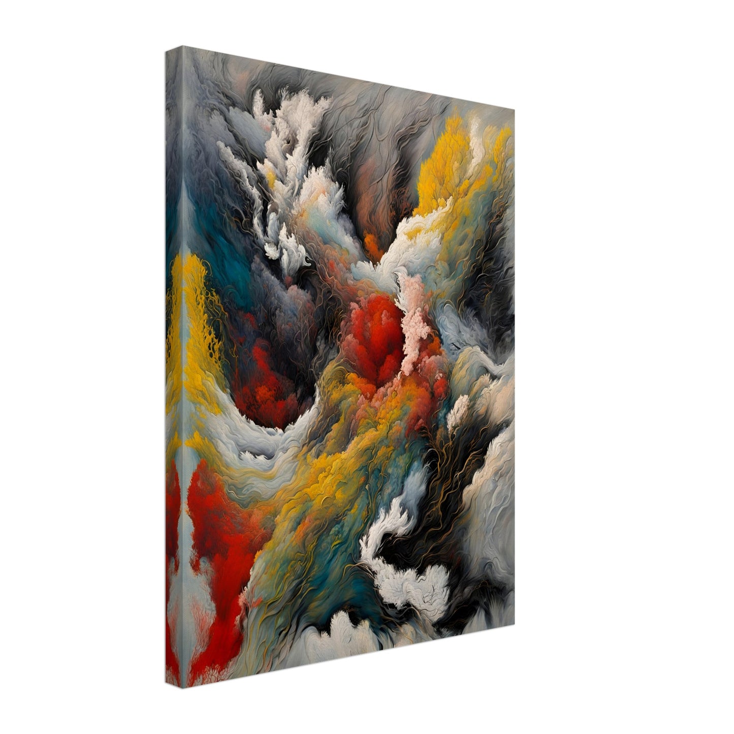 A dramatic painting depicting swirling clouds of smoke, fire, and mist with deep reds, golds, blues, and blacks, evoking a powerful elemental force.