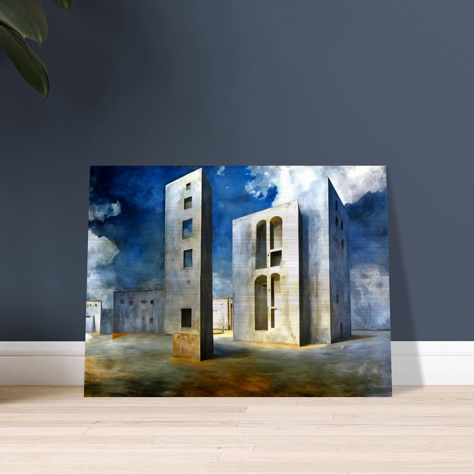 A surreal landscape featuring towering, geometric buildings with windows and arches set against a deep blue sky with dramatic clouds.