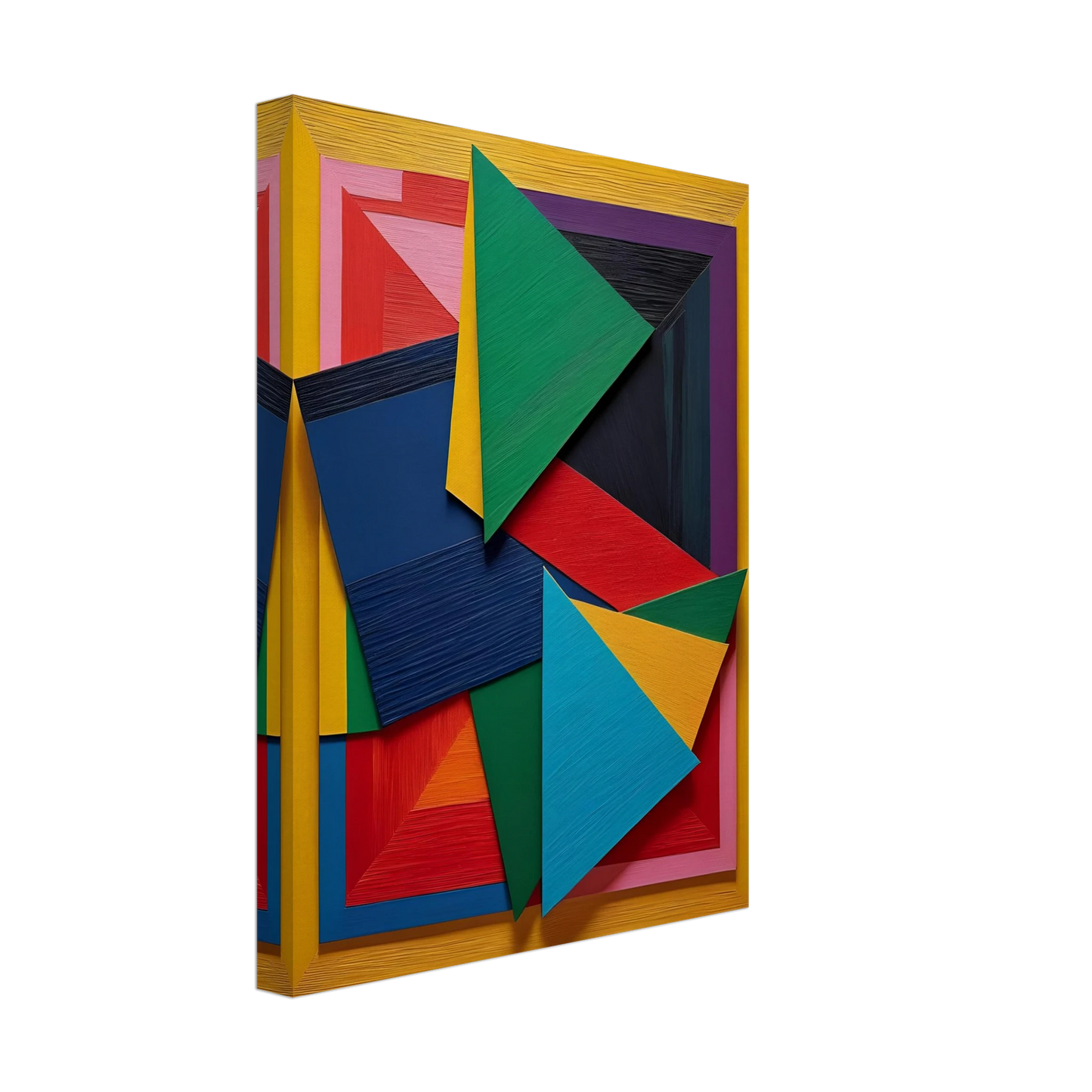 A vibrant arrangement of layered geometric triangles and rectangles in bold, textured colors on a yellow-framed background.