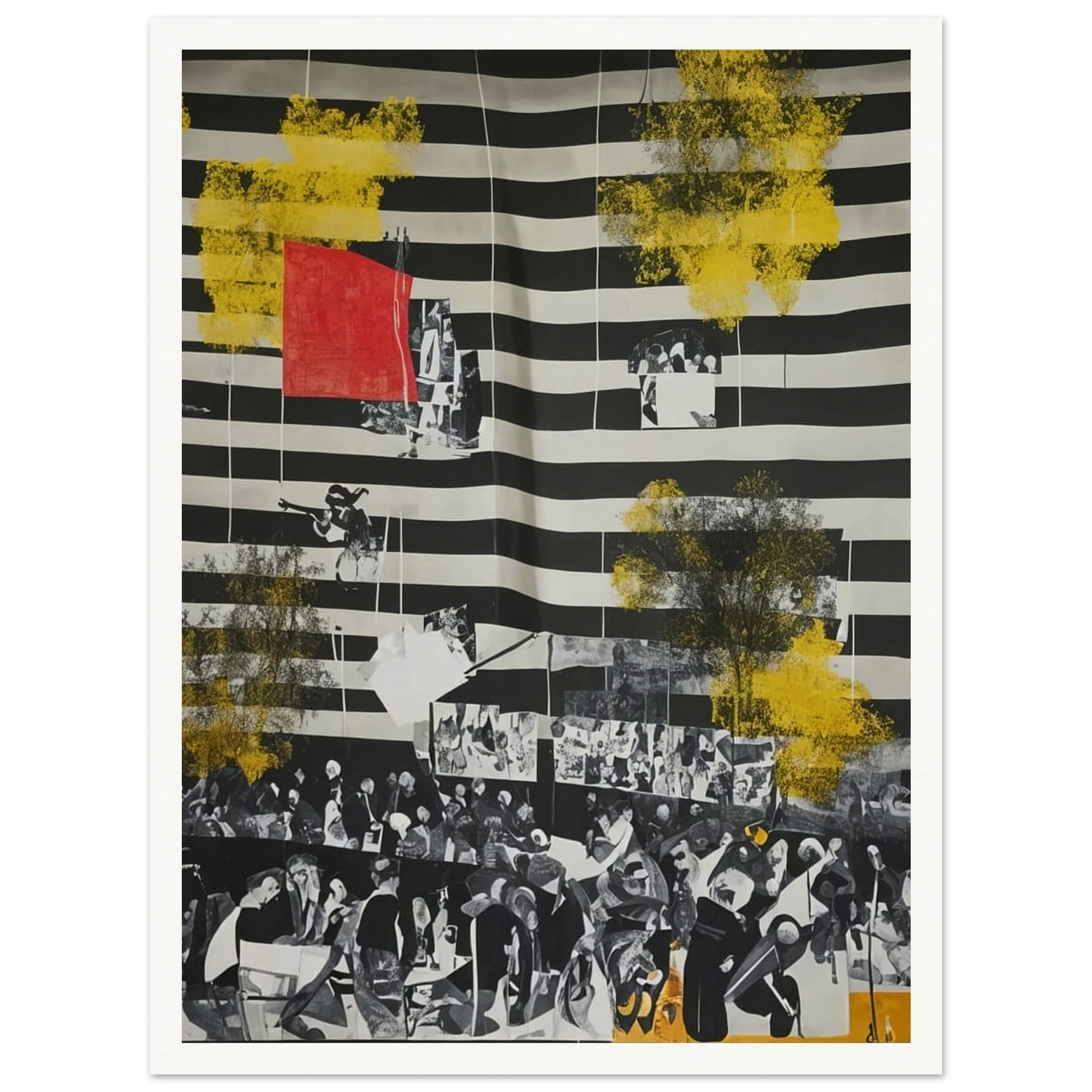 An abstract painting with black and white stripes, overlaid with yellow splashes and historical photographs.