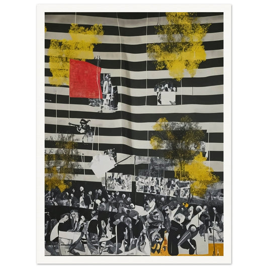 An abstract painting with black and white stripes, overlaid with yellow splashes and historical photographs.