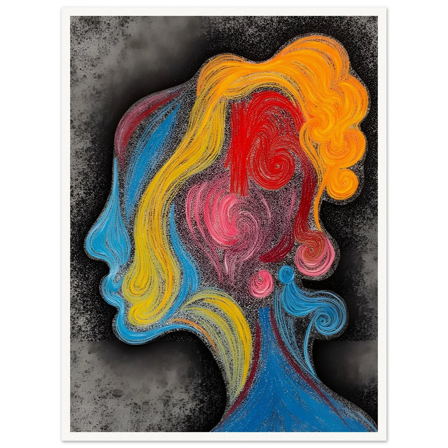 A vibrant profile of a human face outlined in swirling strokes of red, blue, yellow, and pink on a smoky gray background.