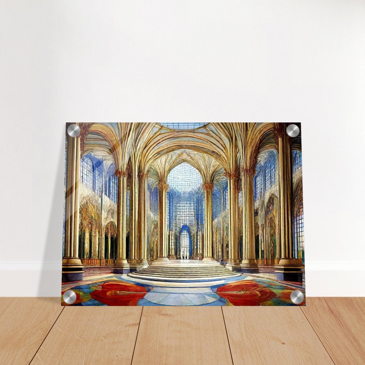 A grandiose hall with towering golden columns, intricate arched ceilings, and expansive windows that fill the space with light and color.