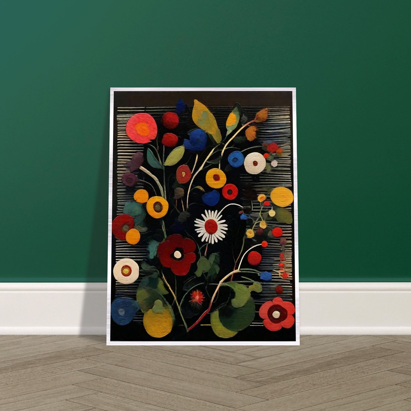 A lively painting featuring an array of colorful circular flowers in red, yellow, blue, and white, set against a dark striped background.