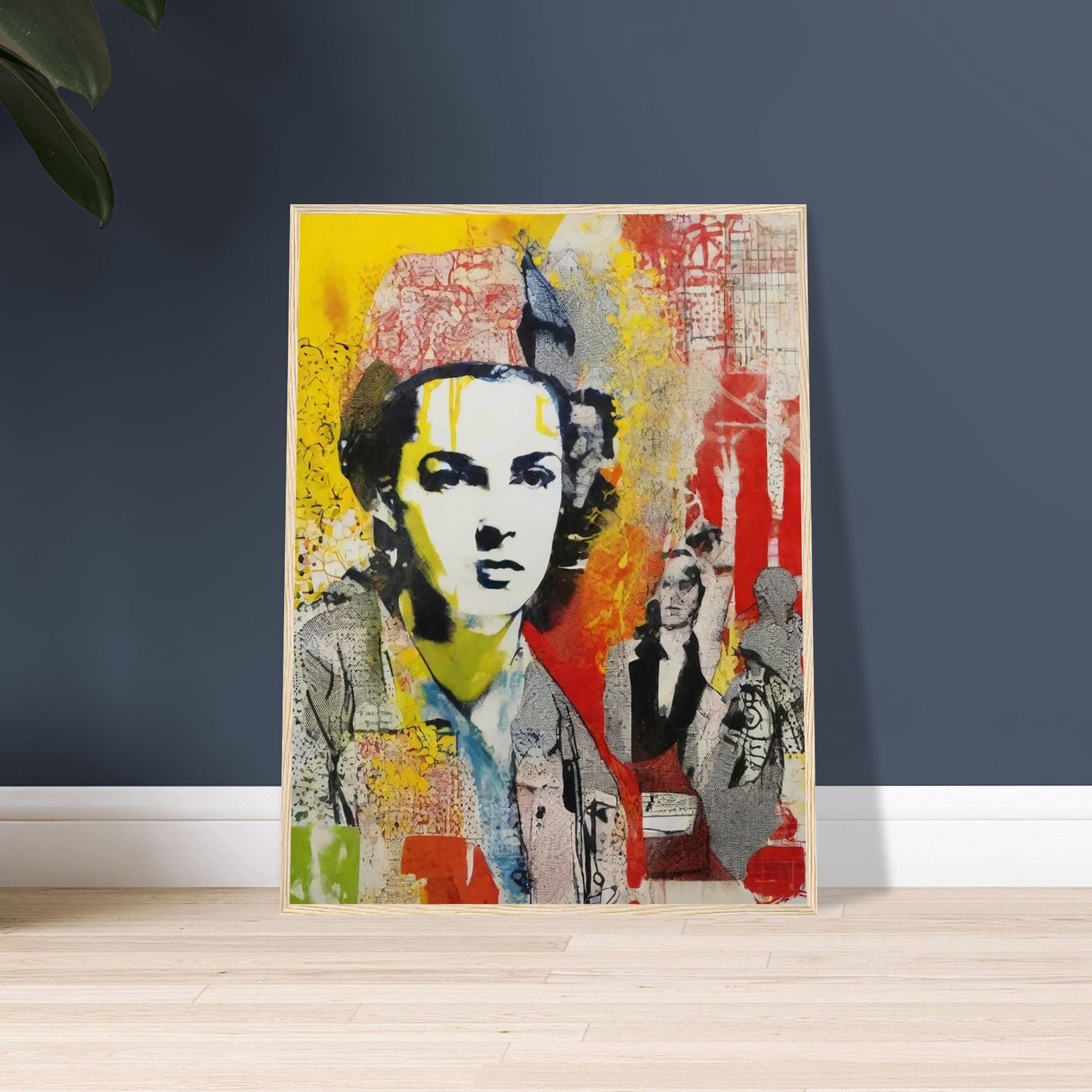 "Bold and colorful collage-like portrait of a serious woman with layers of red, yellow, and abstract patterns in the background."